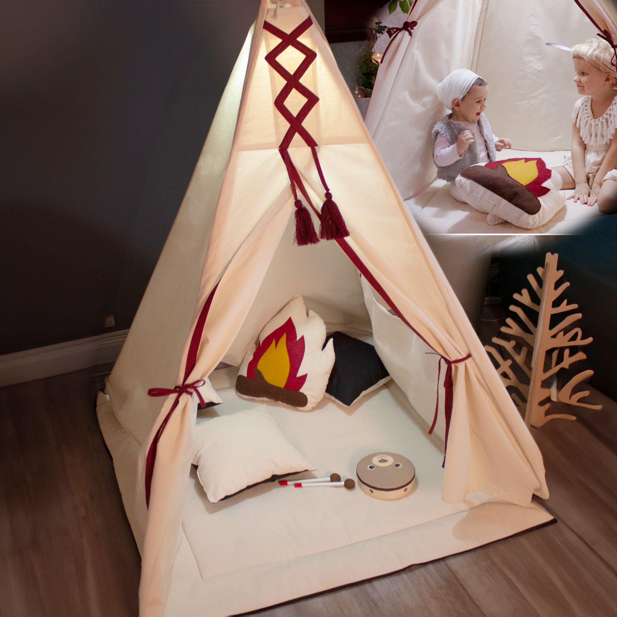 namiot-indianski-789wkk.jpg Namiot dla dzieci TIPI – Zestaw Duży 7 elementowy – Indiański + ręcznie szyta, autorska poduszka ognisko, GRATIS STABILIZATOR STELAŻA – PaLulli - obrazek 1