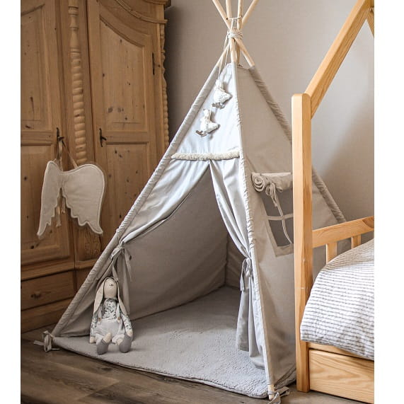 namiot-tipi-dla-chlopca-171juk-1.jpg Namiot tipi dla dzieci z matą podłogową szary + zawieszki gąski - obrazek 1