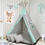 Namiot dla dzieci TIPI – Zestaw Duży 7 elementowy – Tipi szary z Gwiazdką miętową – PaLulli