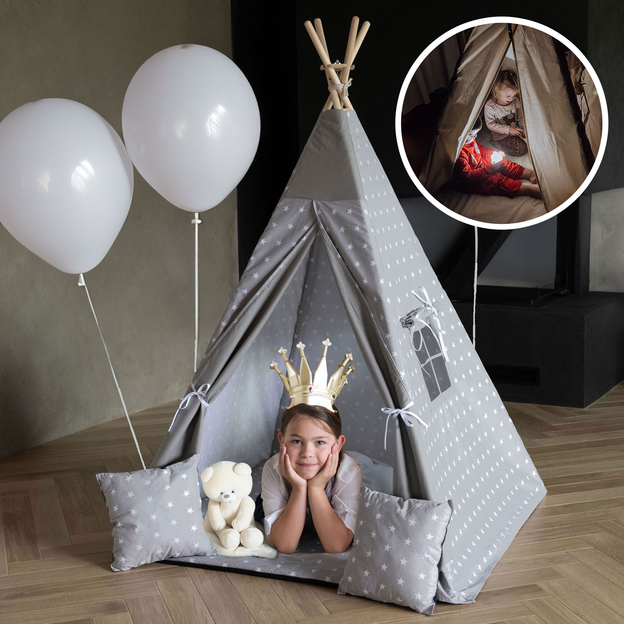 namiot-tipi-dla-dziecka-423dlx-1.jpg Namiot TIPI domek (teepee) Zestaw 6 elementowy dla dzieci z poduszkami, stabilizatorem i lampką Gwiazdy | KidHero - obrazek 1