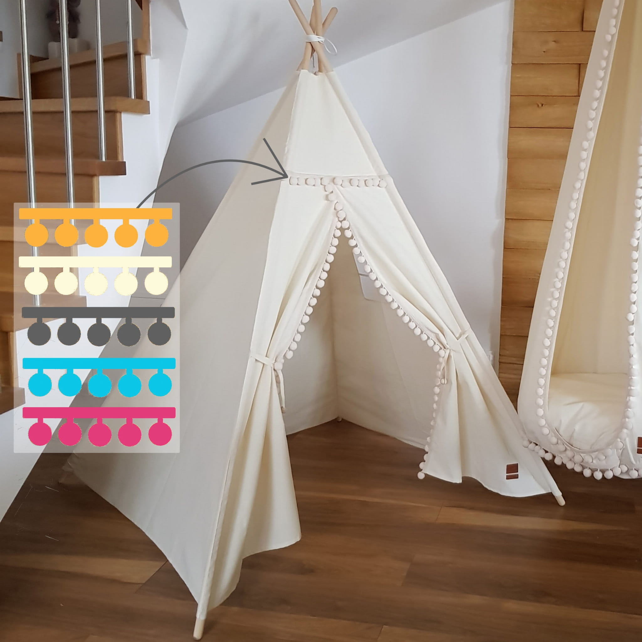 namiot-tipi-dla-dziecka-655cdw-1.jpg Namiot tipi boho naturalny z pomponami dla dzieci - obrazek 1