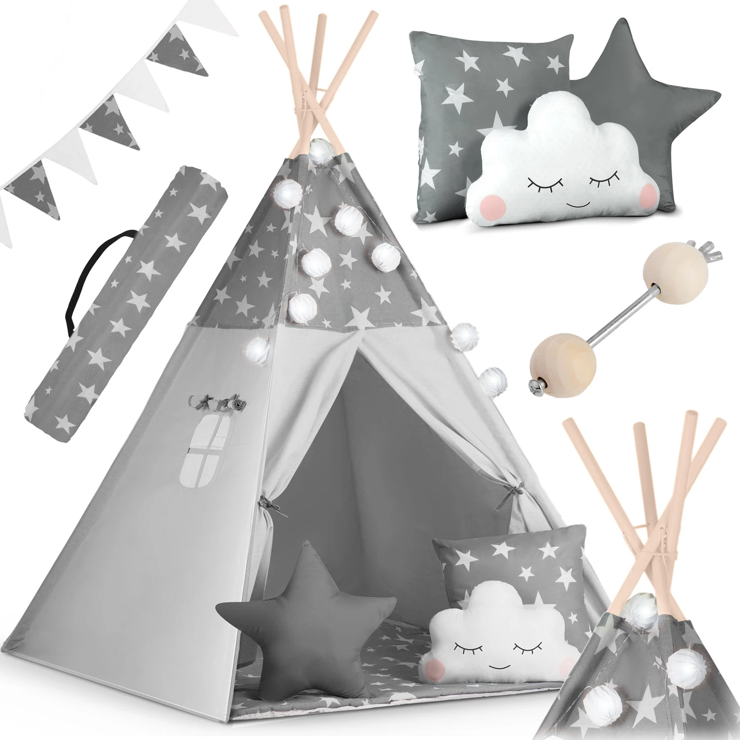 tipi-namiot-dla-dziewczynki-038hdl.webp Namiot tipi dla dzieci z girlandą i światełkami Nukido szare w gwiazdki - obrazek 1