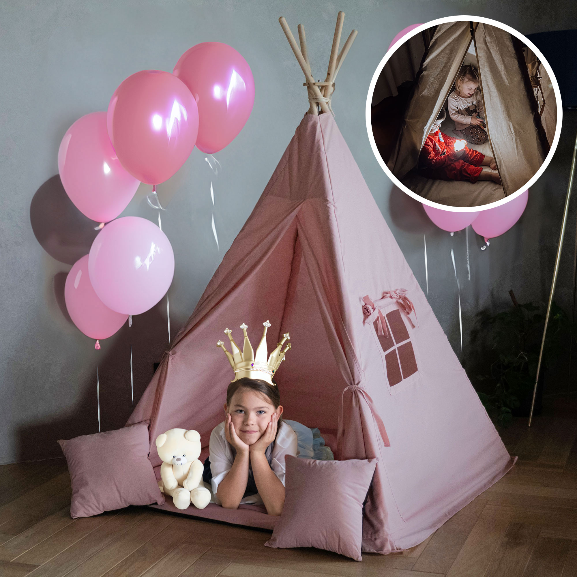 tipi-namiot-dla-dziewczynki-503jwu-1.jpg Namiot TIPI domek (teepee) Zestaw 6 elementowy dla dzieci z poduszkami, stabilizatorem i lampką Brudny róż | KidHero - obrazek 1